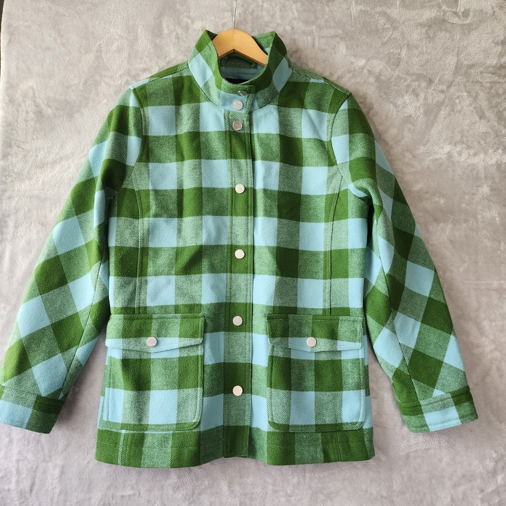 Talbots Field Jacket Womens Size Large Plaid Wool Blend Green Blue Belle Check